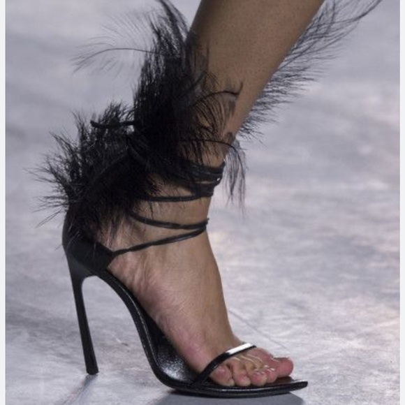 Saint Laurent Feather Lace-Up Heeled Sandals Black Leather Runway Statement 37 - Picture 5 of 16